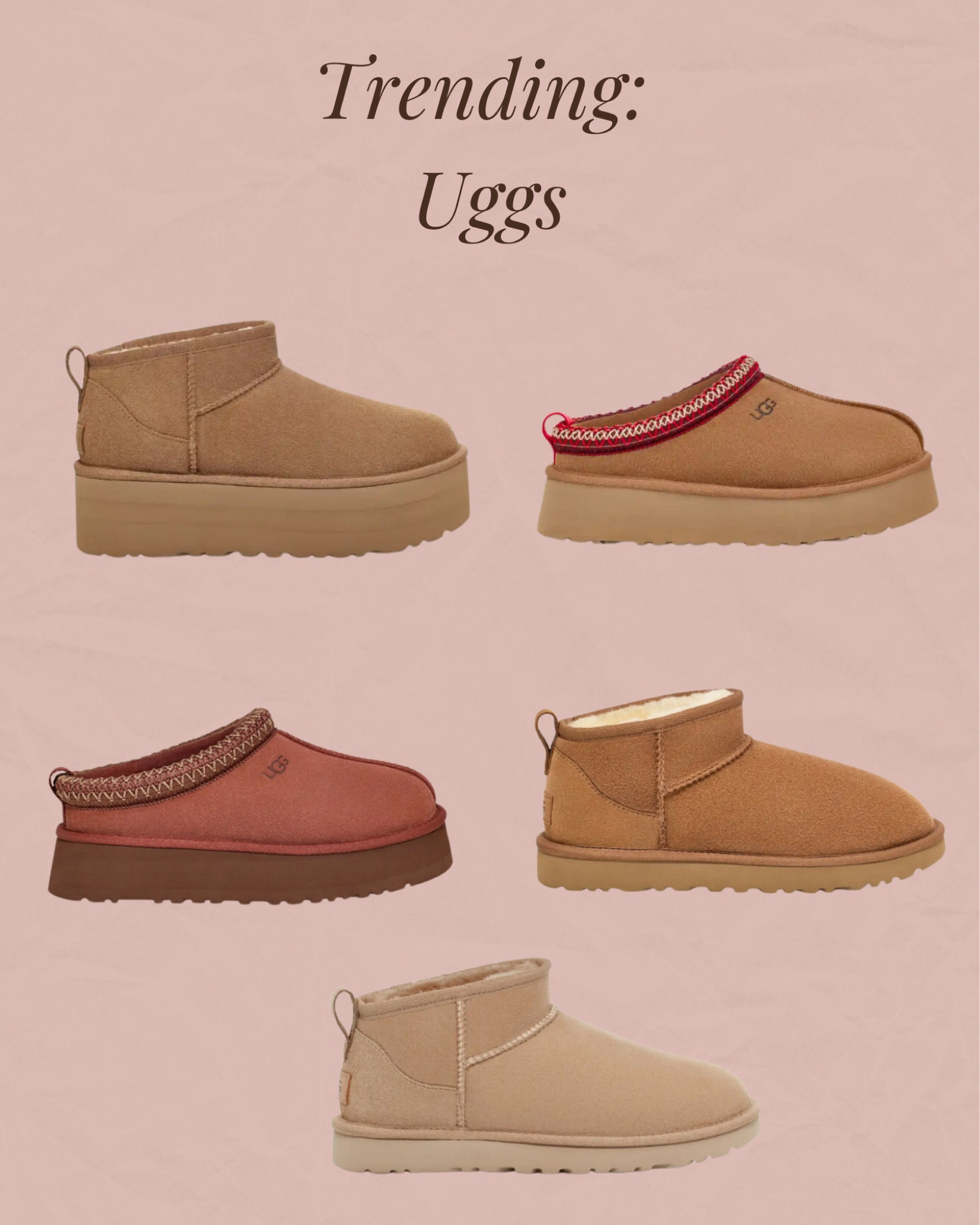 Trending. Uggs. Neutral. Slippers. Clogs. Boots. Booties. Comfy. Cozy. Best sellers. Viral  

#LTKFindsUnder100 #LTKShoeCrush #LTKSeasonal