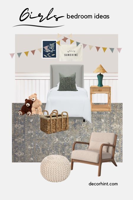 Girls bedroom ideas, vintage modern style, twin bed, target lamp, pouf, minted artwork 

#LTKkids #LTKfamily #LTKhome
