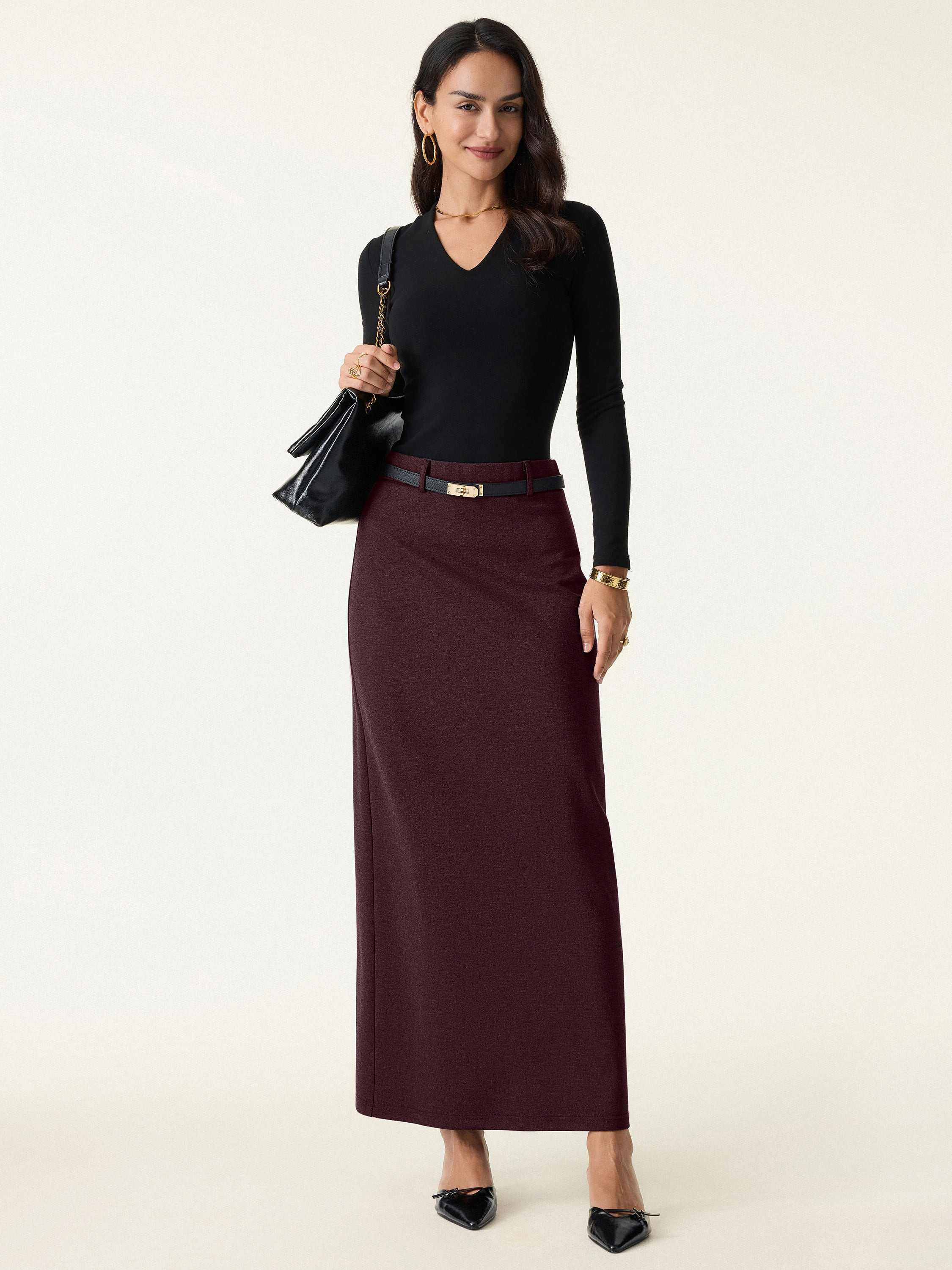 Stretchy Mid Rise Pencil Midi Skirt with Slit | OGLmove