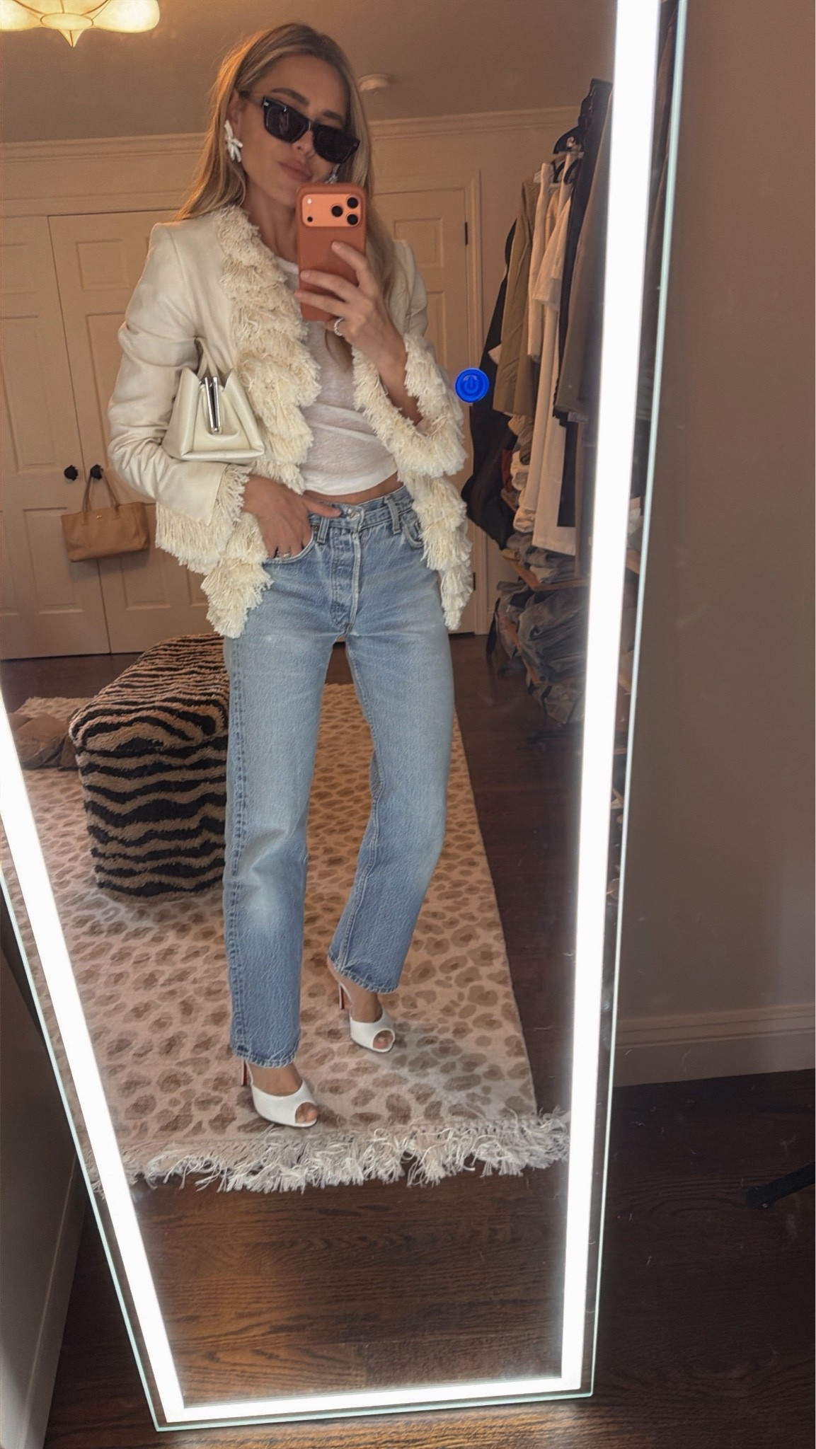 Jacket small 
Tank Xs 
*Jeans not linkable vintage Levi's 
Shoes size up a full size - BUT also linked a very similar style for a fraction of the price!