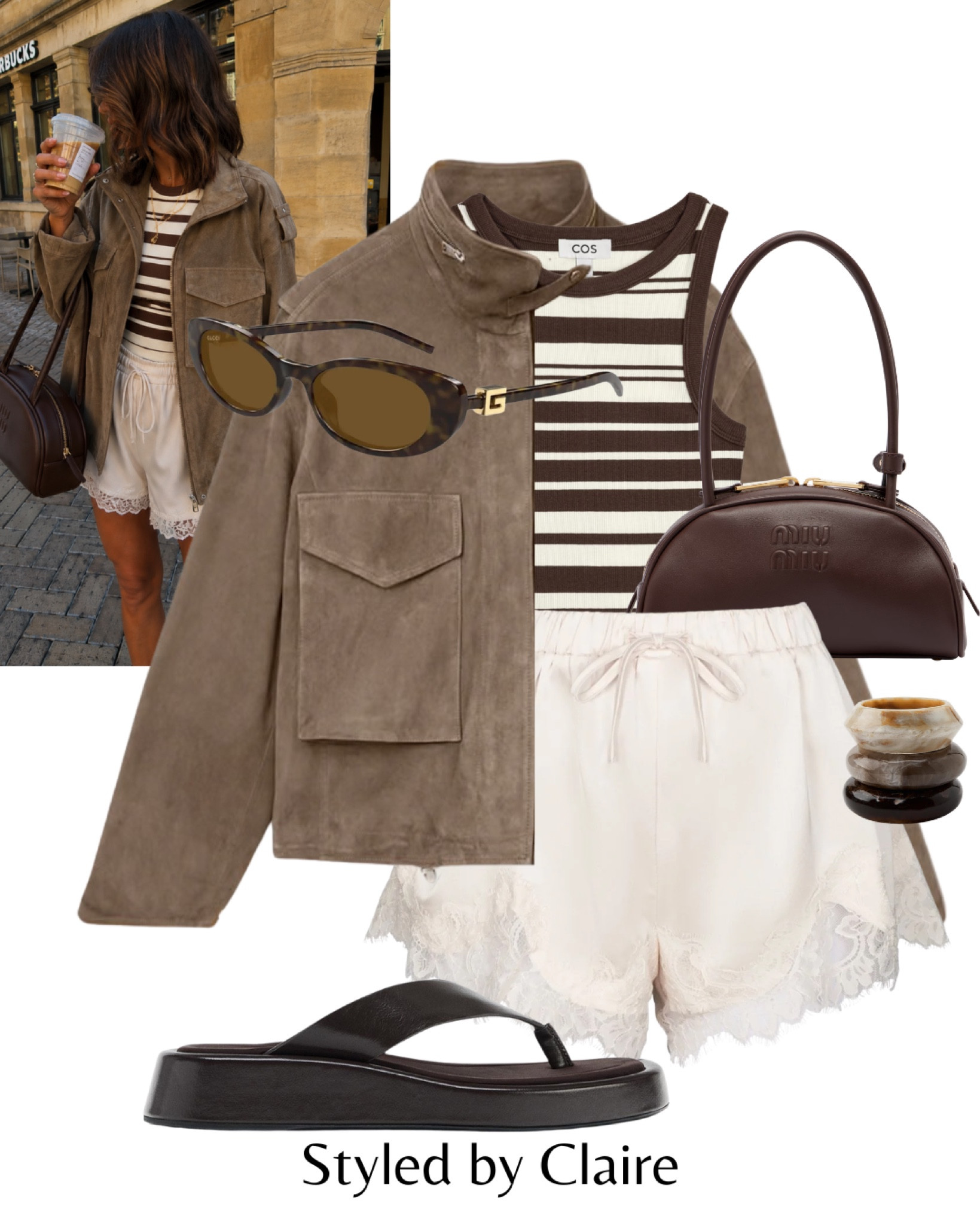 SUEDE BOMBER & LACE TRIM SHORTS🤎
Tags: concert outfit inspo taupe stripe tank top cos brown platform chunky thong sandals Zara miu miu shoulder bag cream waistband fashion city break style capsule wardrobe trending ootd summer spring

#LTKshoes #LTKspring #LTKstyletip