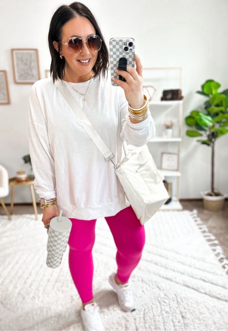 Weekend vibe but make it bright!  Love the color of these leggings that I found in Amazon. Lots of colors available. Other colors on sale with the spring sale!  Wearing a large but definitely need to go with the xl next time. I would size up one in this brand if you’re a similar size. 

 XL sweatshirt. Size up half a size in the Nikes. Tumbler is on sale in different colors with the spring sale event!  

#LTKfindsunder50 #LTKsalealert #LTKmidsize