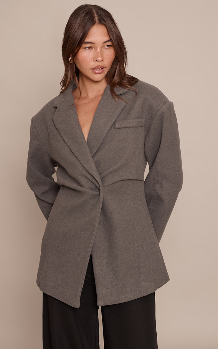 Charcoal Wool Look Cinched Blazer | Outerwear | PrettyLittleThing US