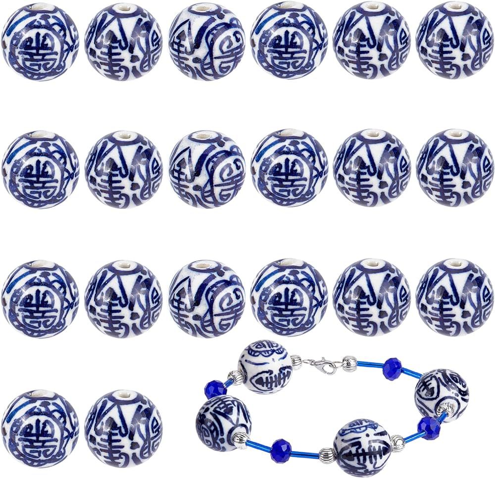 CHGCRAFT About 20pcs Handmade Porcelain Beads Round Shaped Charm Blue and White Color Spacer Bead... | Amazon (US)