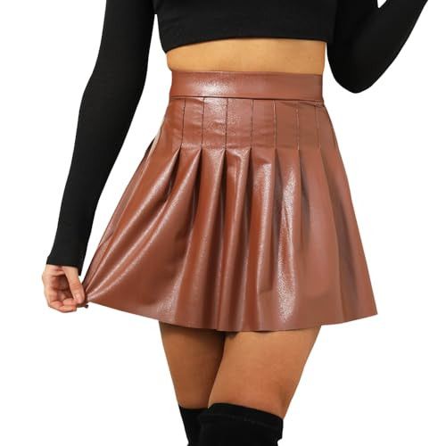 Anlaey Faux Leather Skirt Pleated Skirts Stretchy High Waisted Mini Dress for Women Brown | Amazon (US)