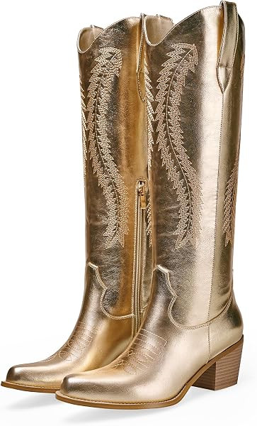 RKQ Womens Metallic Cowboy Boots,Knee High Embroidered Cowgirl Boots | Amazon (US)