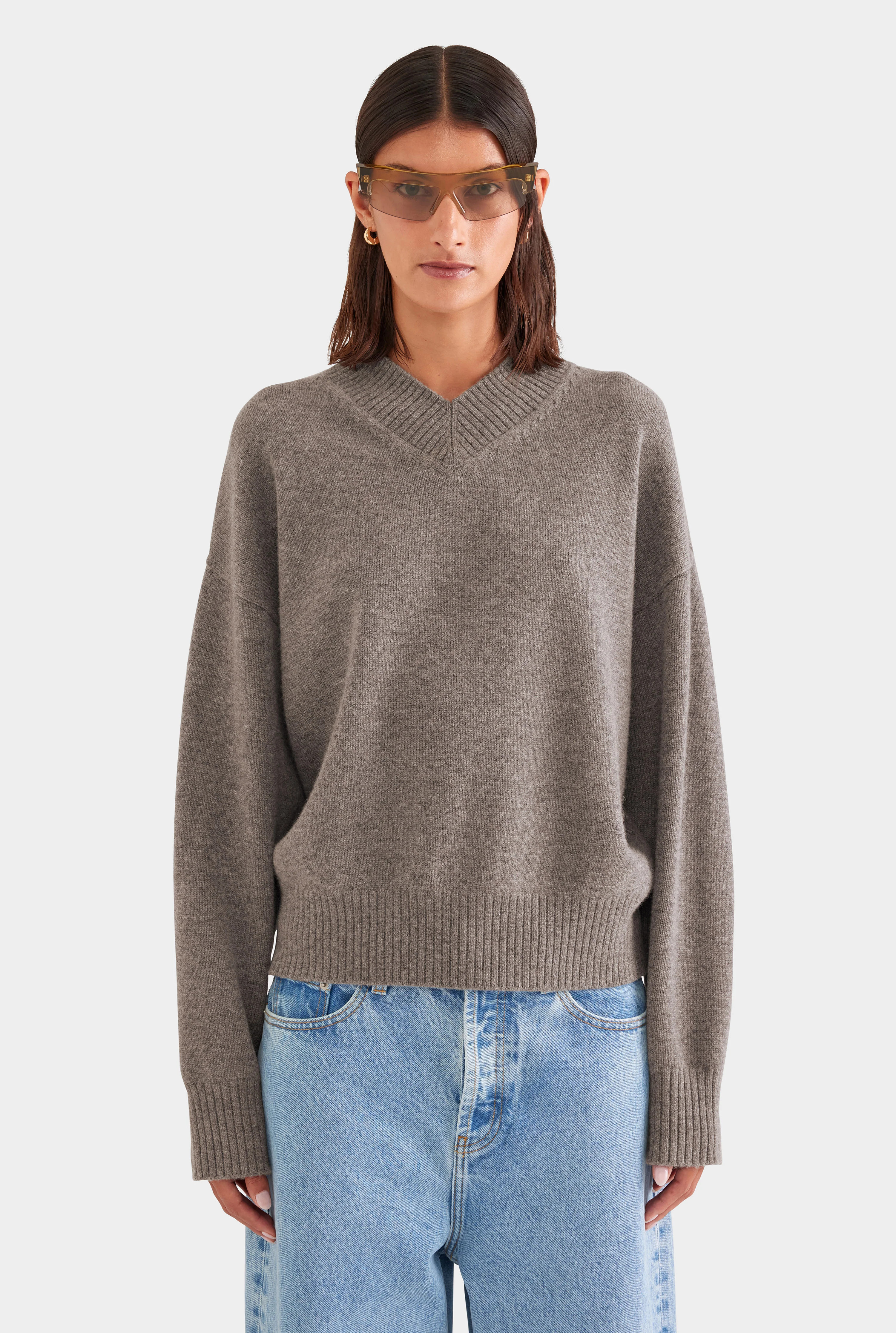 Wool Cashmere V Neck Sweater Brown Marl | Venroy | Venroy AU