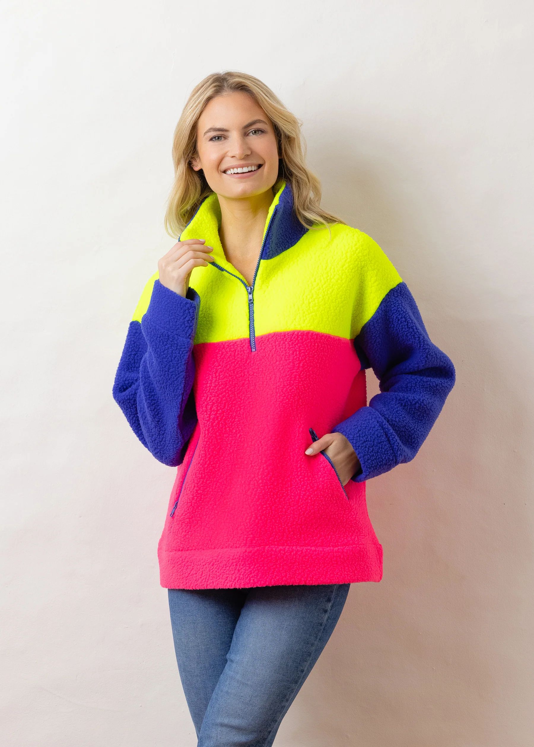 Bleecker Pullover in Shearling Fleece (Neon Pink / Neon Yellow / Cobalt) | Dudley Stephens