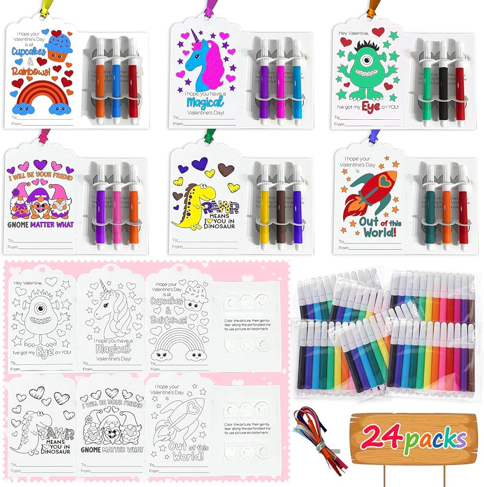 CORTUNARIO Valentines Day Gifts for Kids, 24 Pack Valentines Cards with Bookmarks & Colored Pens ... | Amazon (US)