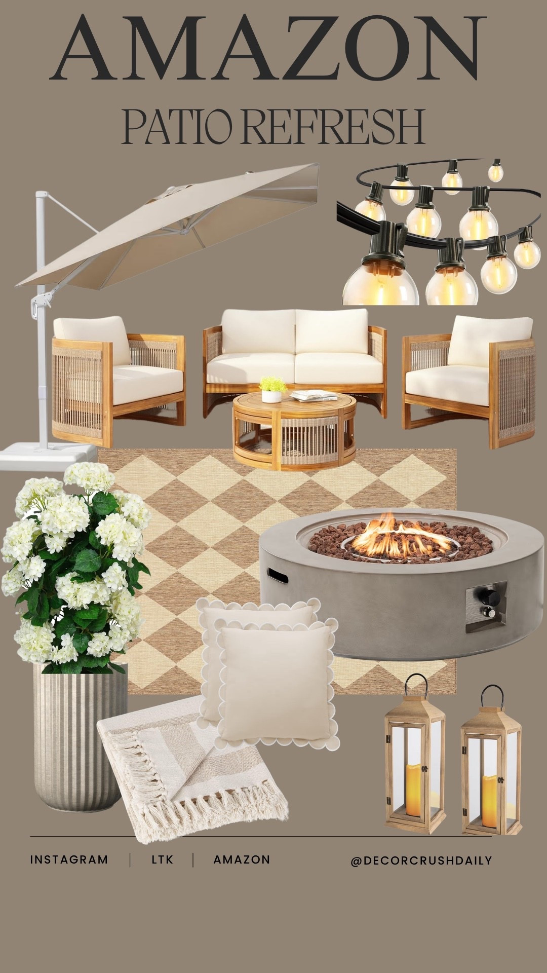Found the dreamiest outdoor pieces on Amazon to turn your patio into a private resort. ✨ From the scalloped pillows to that statement concrete fire pit, these finds make outdoor living feel so elevated and cozy. Best part? It’s all affordable and delivered right to your door. 🥂🌿


Amazon Home Finds, Patio Refresh, Modern Organic, Neutral Outdoor Decor, Wood Conversation Set, Cantilever Umbrella, Concrete Fire Pit, Checkered Outdoor Rug, Scalloped Pillows, Fluted Planter, Wood Lanterns, String Lights, Coastal Luxe Home, Transitional Style, Warm Minimalism, Affordable Luxury, Outdoor Oasis, Summer Home Decor, Resort Style, Amazon Furniture, Patio Inspo, Deck Styling, High-End Aesthetic, Staycation Vibes, Collected Home

#LTKSeasonal #LTKHome