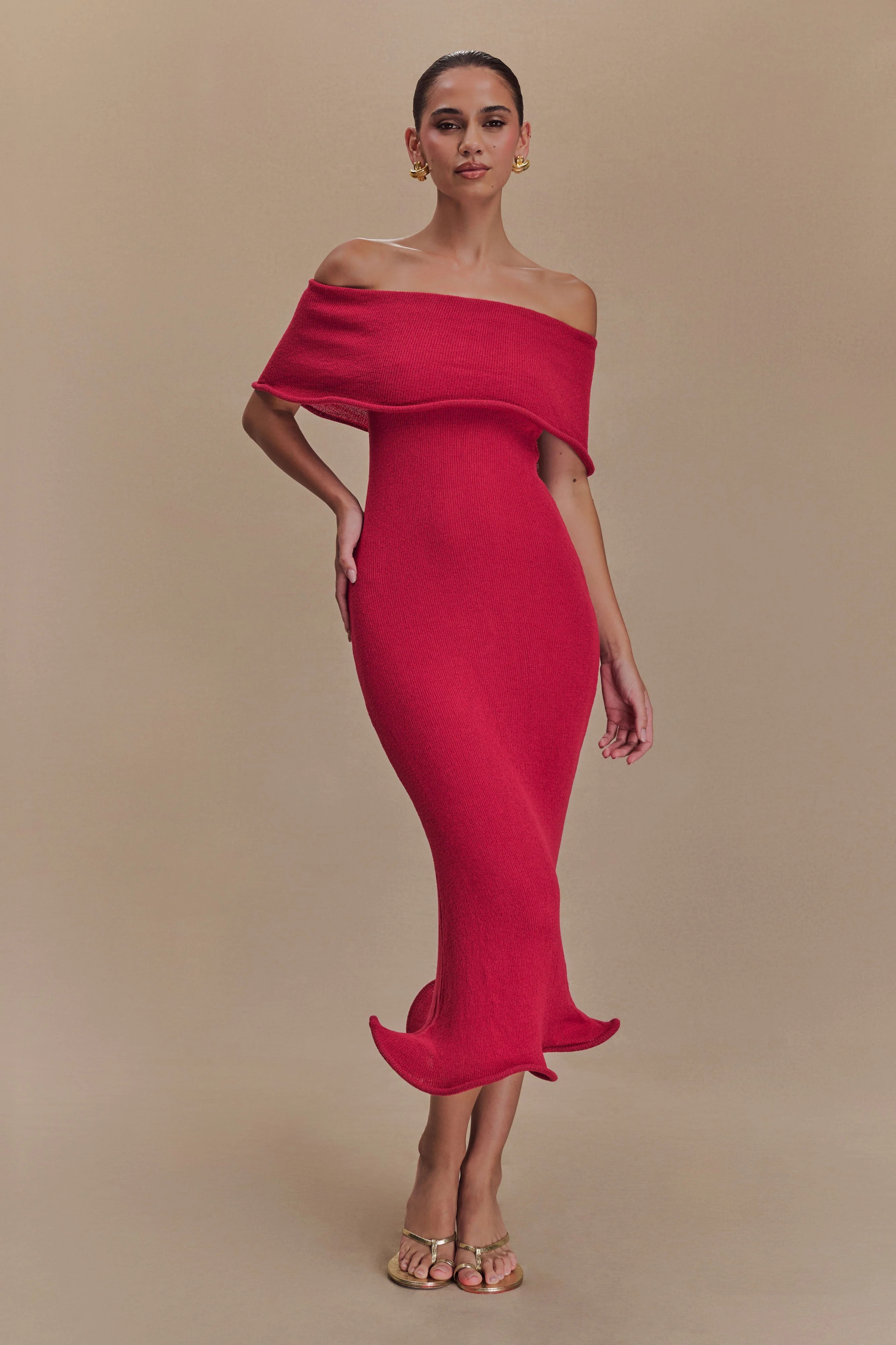 Off Shoulder Knit Midi Dress - Raspberry | MESHKI US