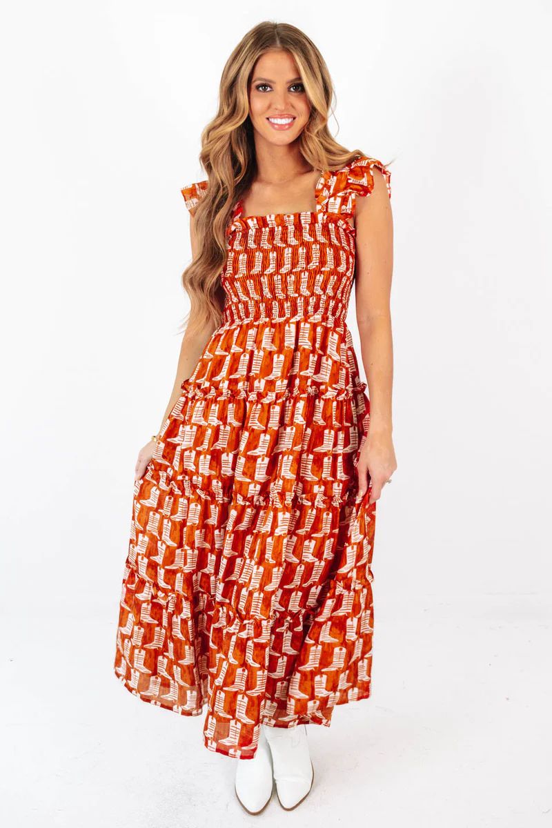 The Dixie Ruffle Strap Midi Dress - Burnt Orange | The Impeccable Pig