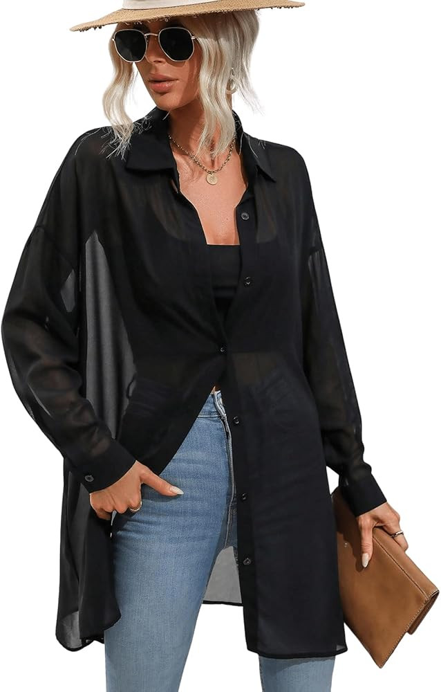 Floerns Women's Sheer Drop Shoulder Blouse Long Sleeve Collar Button Loose Shirts Tops | Amazon (US)