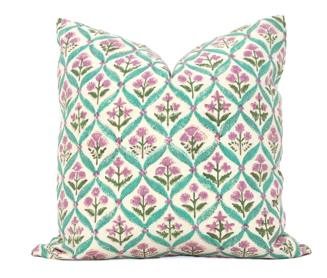 Purple Green Thistle Indian Block Block Print Decorative Pillow Cover, 18x18, 20x20, 22x22, 24x24... | Etsy (US)