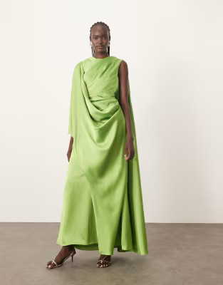 ARRANGE satin ultimate draped shoulder maxi dress with back detail in bright green | ASOS (Global)