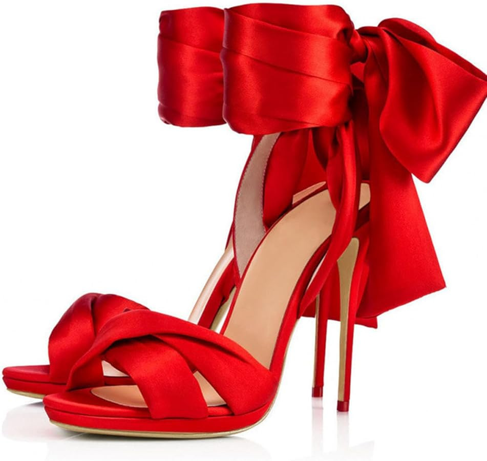 Women's Strappy Ribbon Stiletto High Heels Slingback Ankle Strap with Bow Open Toe Satin Lace Up ... | Amazon (US)