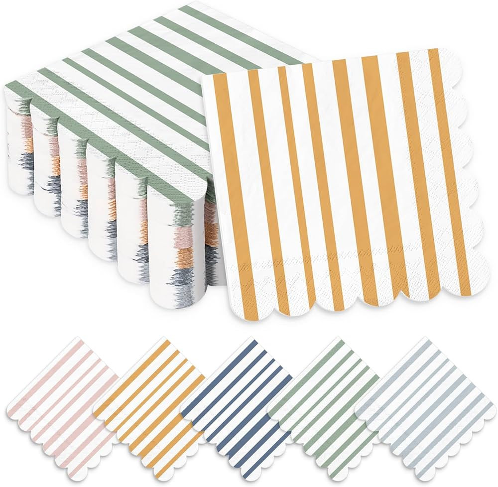 Whaline 100Pcs Boho Scalloped Cocktail Napkins Mixed Stripe Ice Cream Disposable Paper Napkins 5 ... | Amazon (US)