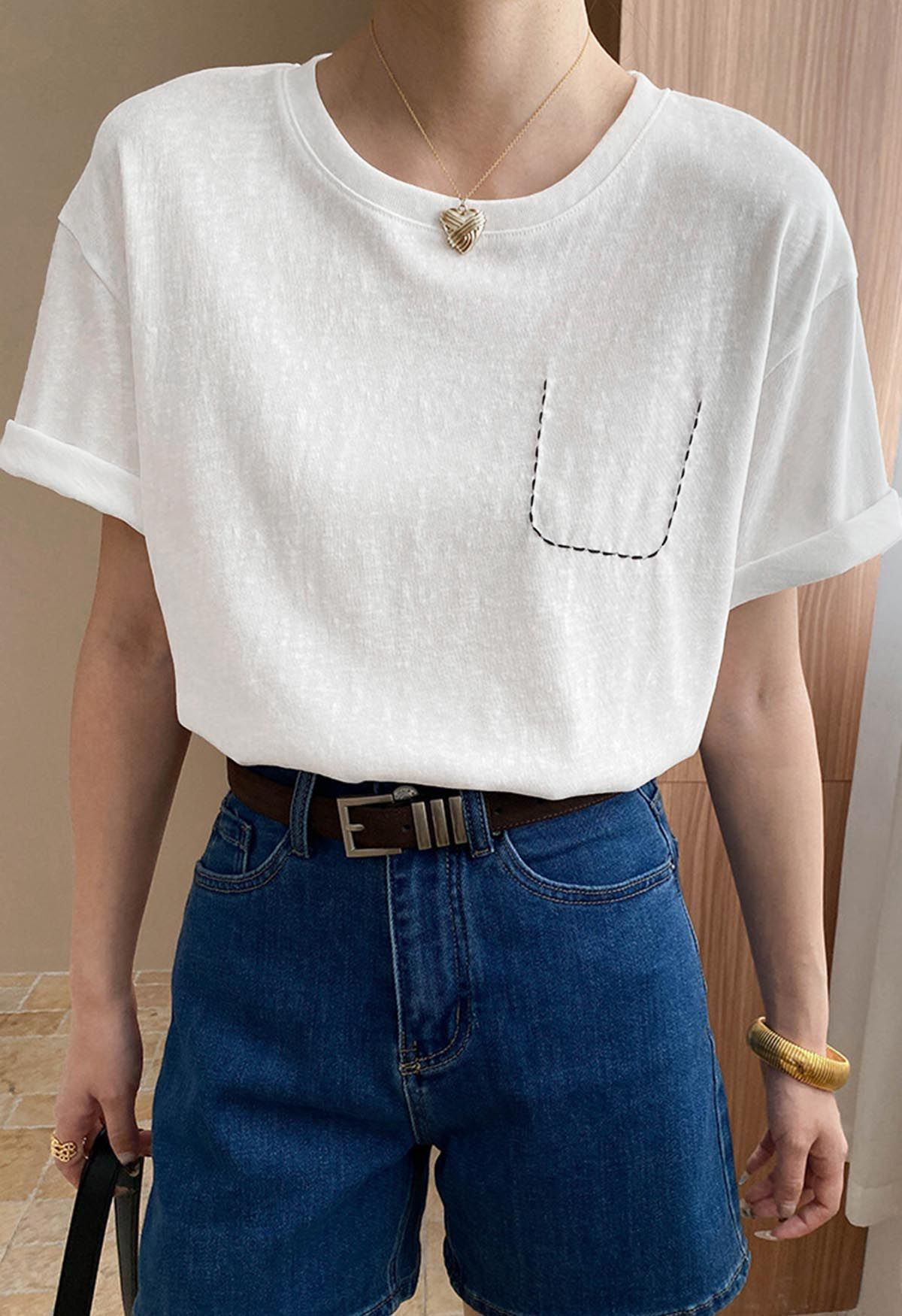 Fake Embroidered Pocket Crew Neck T-Shirt in Ivory | Chicwish