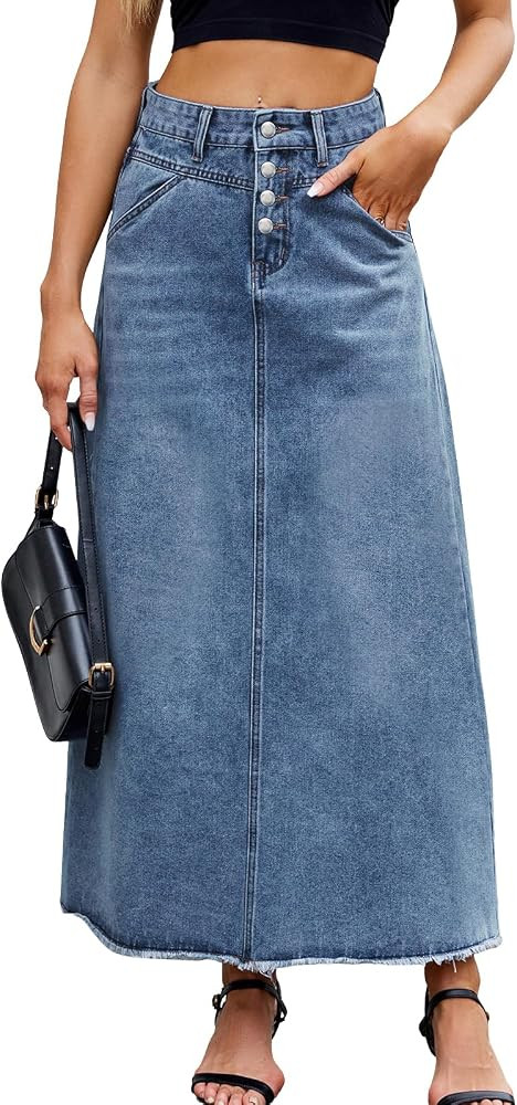 ebossy Women's High Waist Maxi Denim Skirt Buttoned Frayed Hem Flared A Line Casual Loose Wash Je... | Amazon (US)