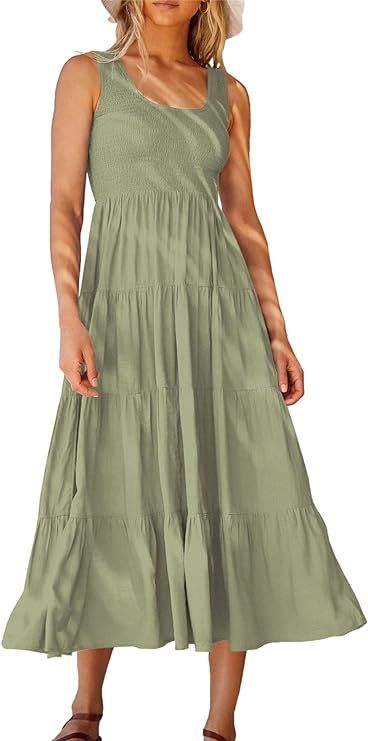ANRABESS Women's Summer Casual Sleeveless Dress Smocked Tiered Swing A Line Boho Beach Midi Tank ... | Amazon (US)