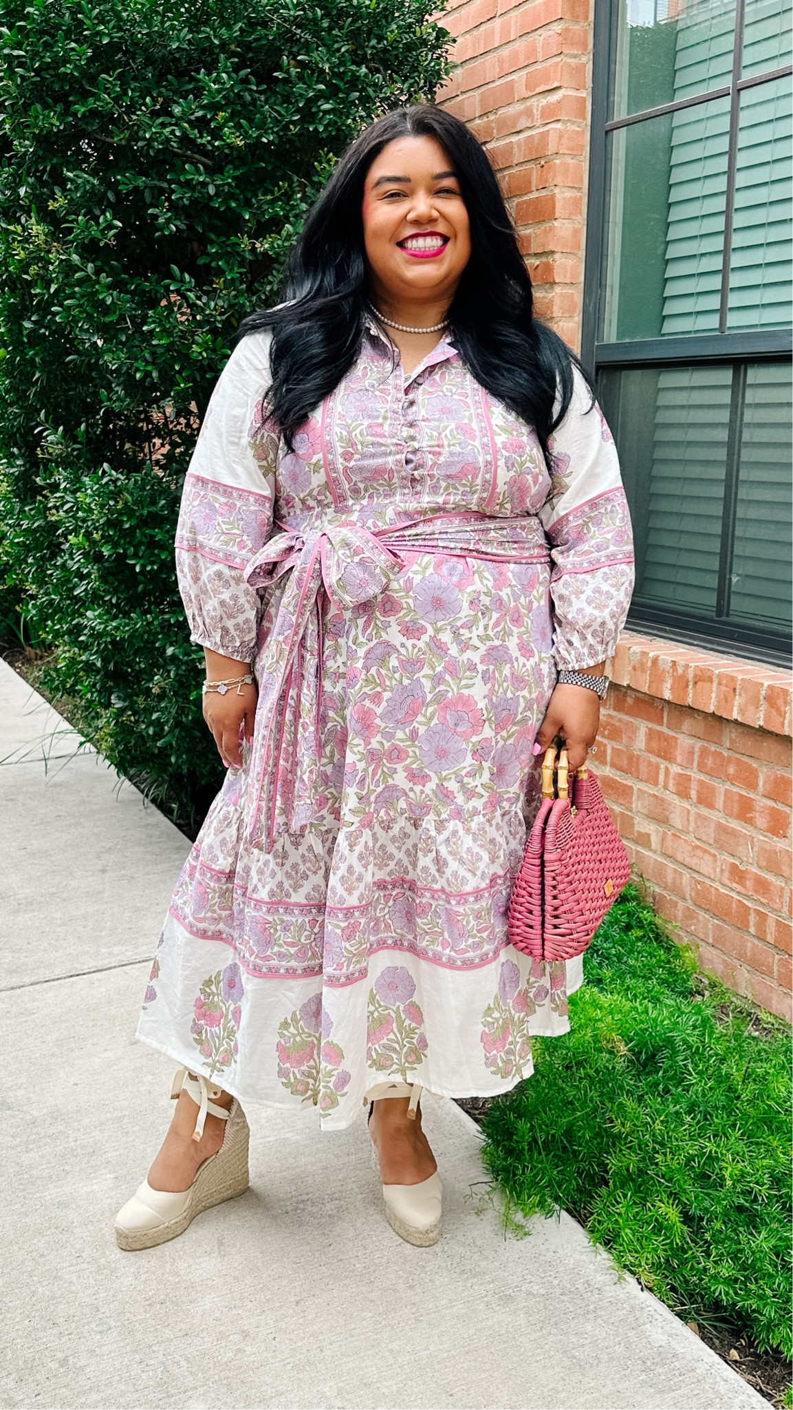 I am OBSESSED with this Sue Sartor dress! I want every print in every color but I love the combination on of the lilac orchid purple and the pink here. The length and sleeves are great, I’m wearing an XL. 

They offer custom sizing as well, you just send in your measurements! 

My France’s Valentine wicker bag has been a favorite this spring along with my new espadrilles from Castaner. 

I think this dress would be perfect as a graduation day, Mother’s Day, or even a Kentucky derby dress! 

#LTKmidsize #LTKplussize #LTKwedding