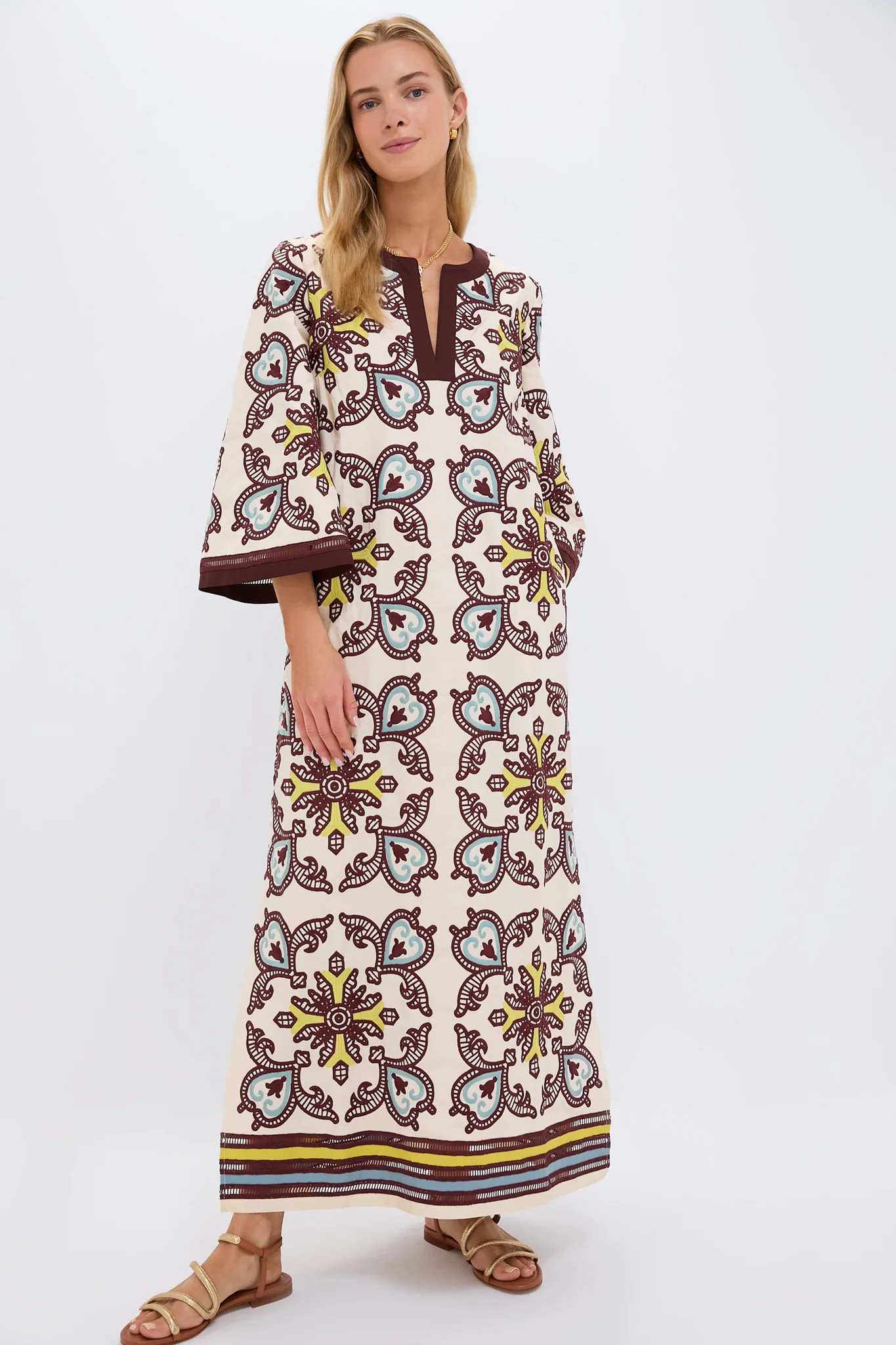 Citron and Slate Blue Embroidered Lorena Caftan | Tuckernuck (US)