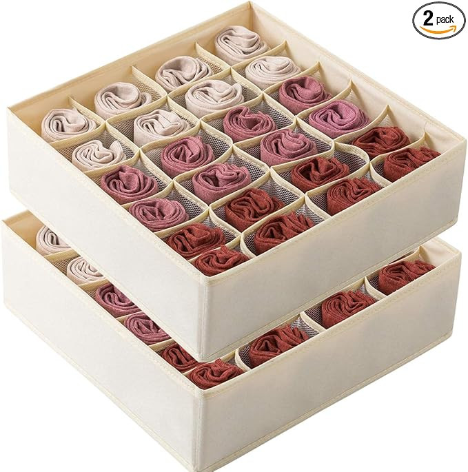 Qozary 2 Pack Socks Underwear Drawer Organizer Divider, 24 Cell or 16 Cell Collapsible Cabinet Cl... | Amazon (US)