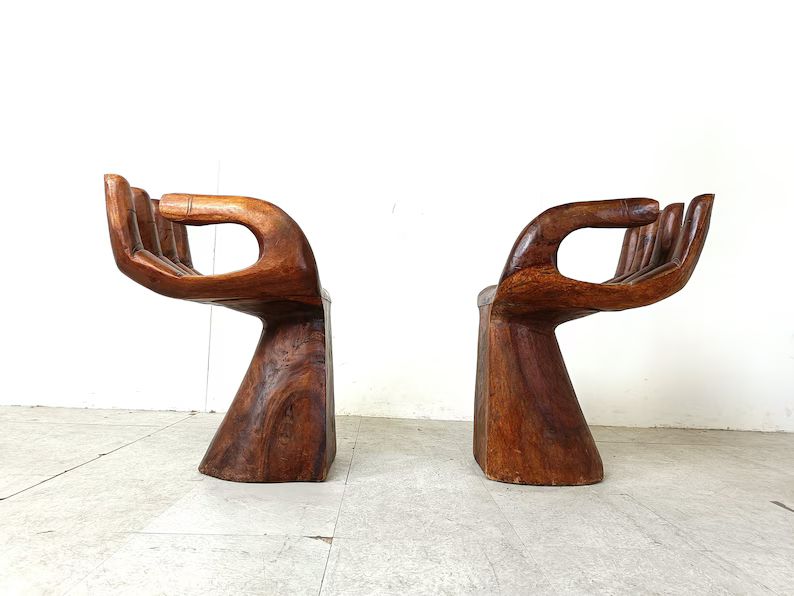 Pair of Teak Hand Shaped Chairs, 1970s Vintage Wooden Hand Chairs Mid Centur Chairs Sculpted Chai... | Etsy (US)