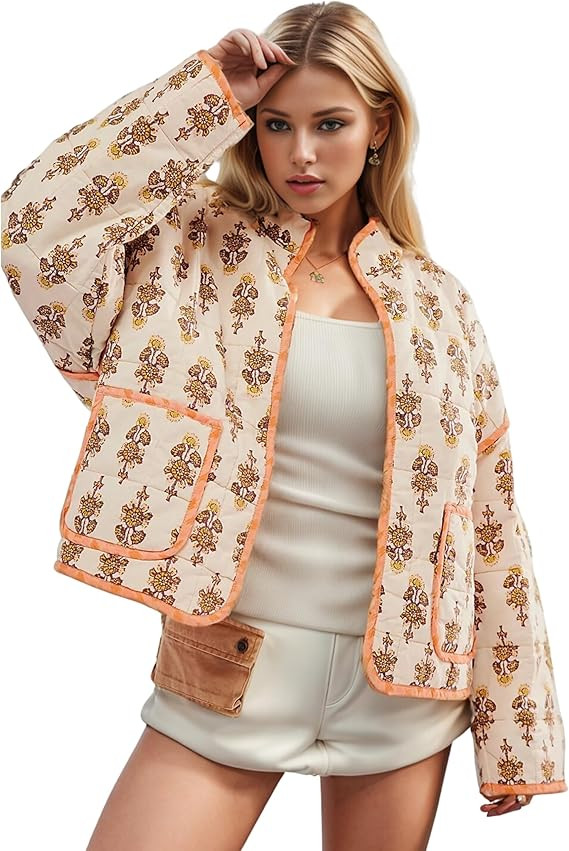 Womens Cropped Quilted Lightweight Jackets Floral Printed Open Front Puffer Coat Cardigan | Amazon (US)