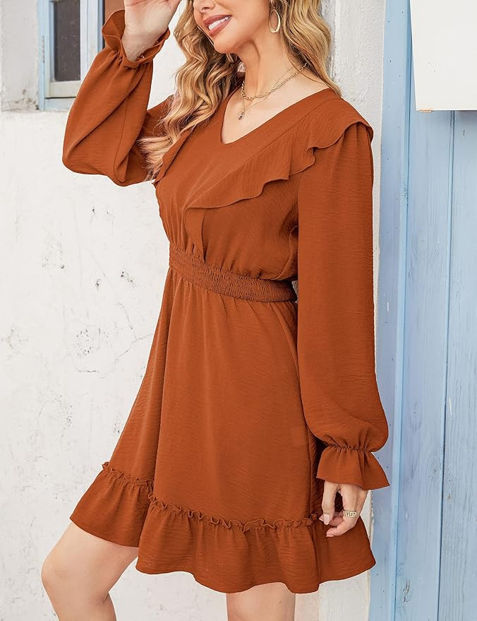 MISSKY Womens Ruffle Trim V Neck Babydoll Dress Smocked Waist Pleated Long Sleeve Fall Wedding Gu... | Amazon (US)