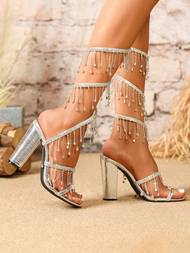 Damen High-heel Sandalen Mit Knöchelriemen, Runder Spitze, Mit Kristallen Verziert, Chunky Absat... | SHEIN