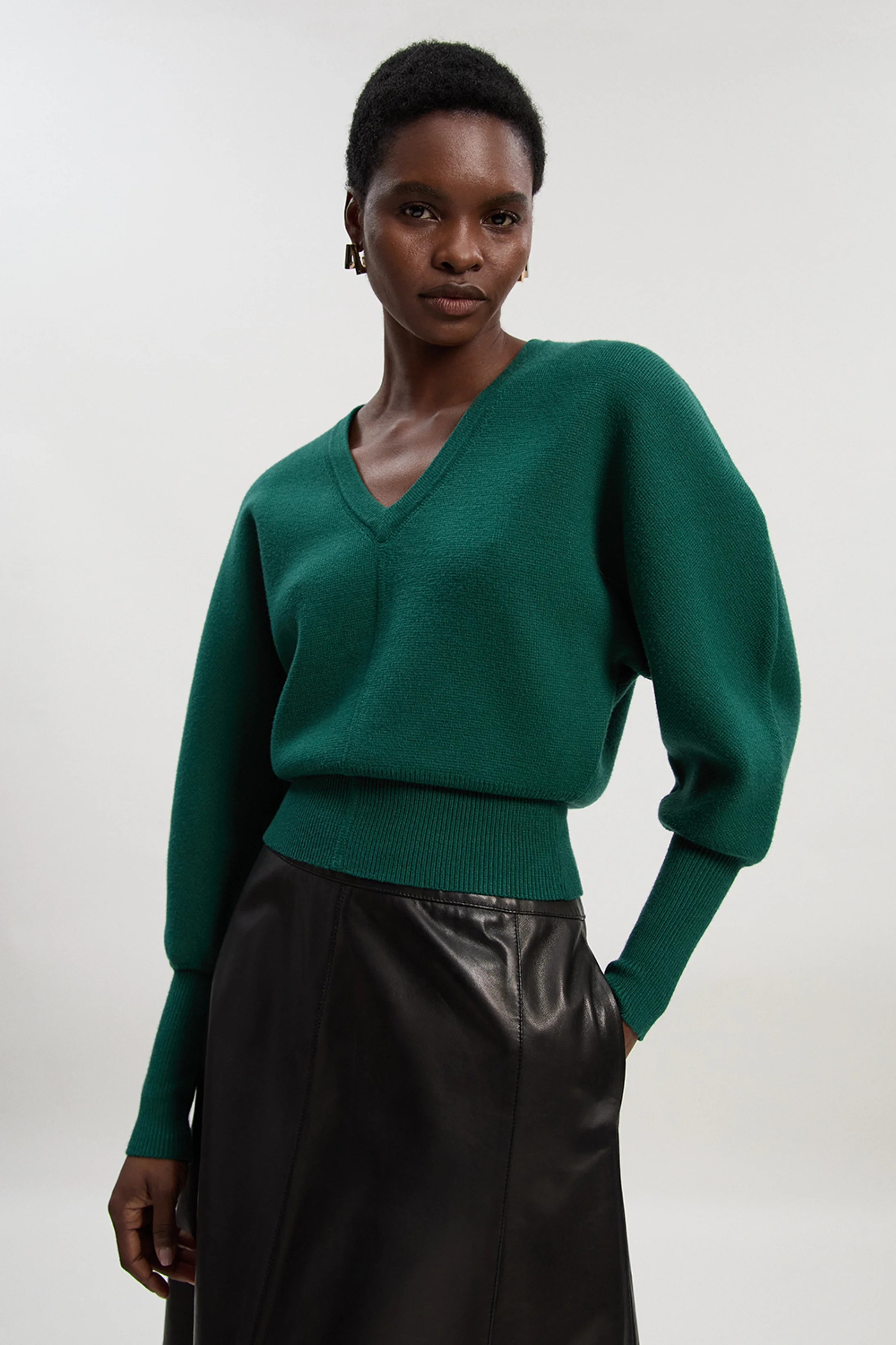 Compact Wool Look V Neck Batwing Knit Jumper | Karen Millen UK + IE + DE + NL