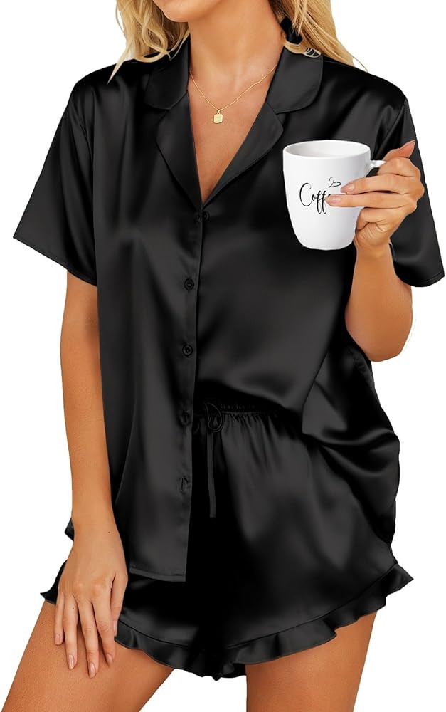 HOTOUCH Womens Satin Pajamas Set Button Down 2 Piece Silk Pjs Shorts Set Ruffle Lingerie Notch Co... | Amazon (US)