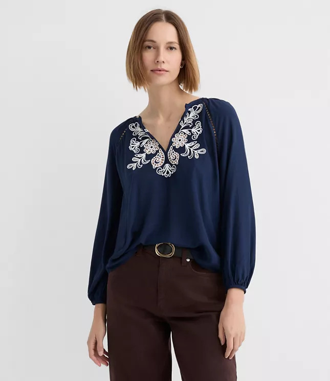 Floral Cutout Embroidered V-Neck Blouse | LOFT