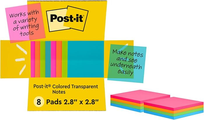 Post-it Transparent Notes, 2.8 x 2.8 in, Blue, Pink, Green, Orange, 8 Pads | Amazon (US)