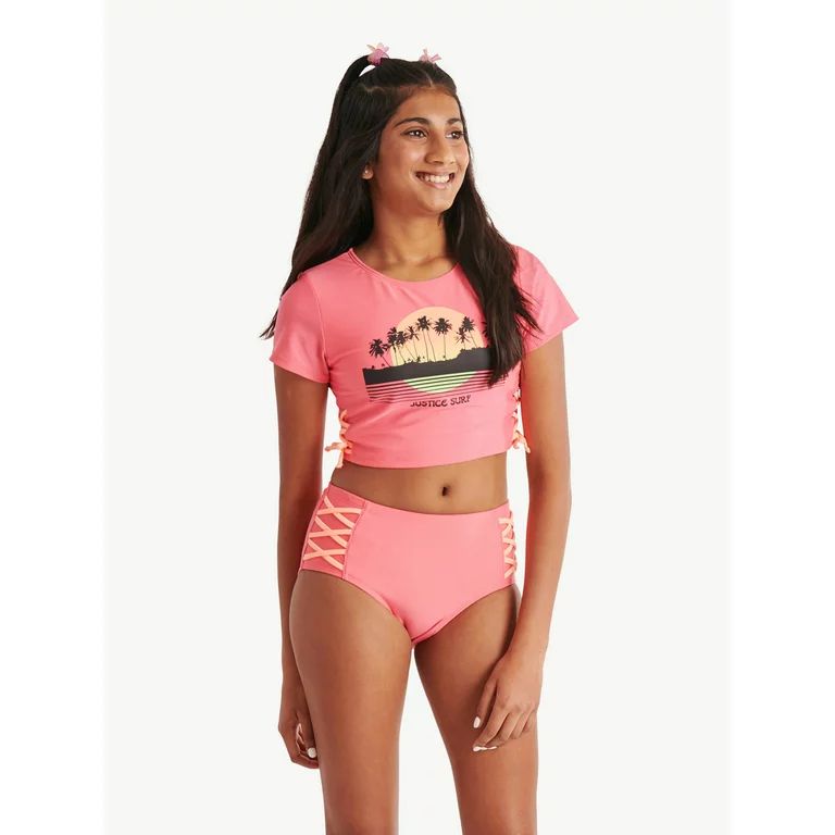 Justice Girls Short Sleeve Rashgaurd Swimsuit Set, Sizes XS-XL | Walmart (US)