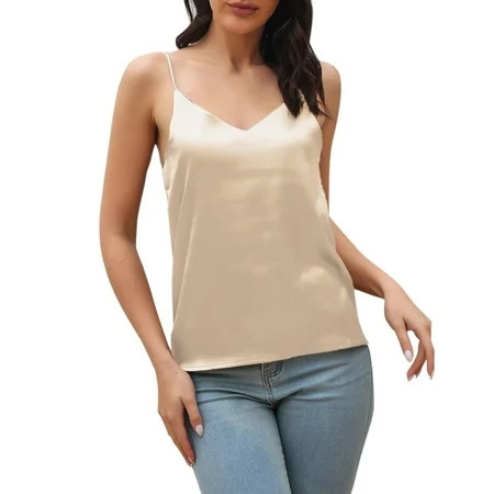 Fsqjgq Apparel Shirt Womens Silk Satin Tank Top V Neck Sling Camisole Top Loose Sleeveless Shirt Tan | Walmart (US)