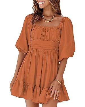 Dokotoo Womens Summer Dresses Square Neck Tie Back Lantern Sleeve Ruffle A-Line Casual Dress | Amazon (US)