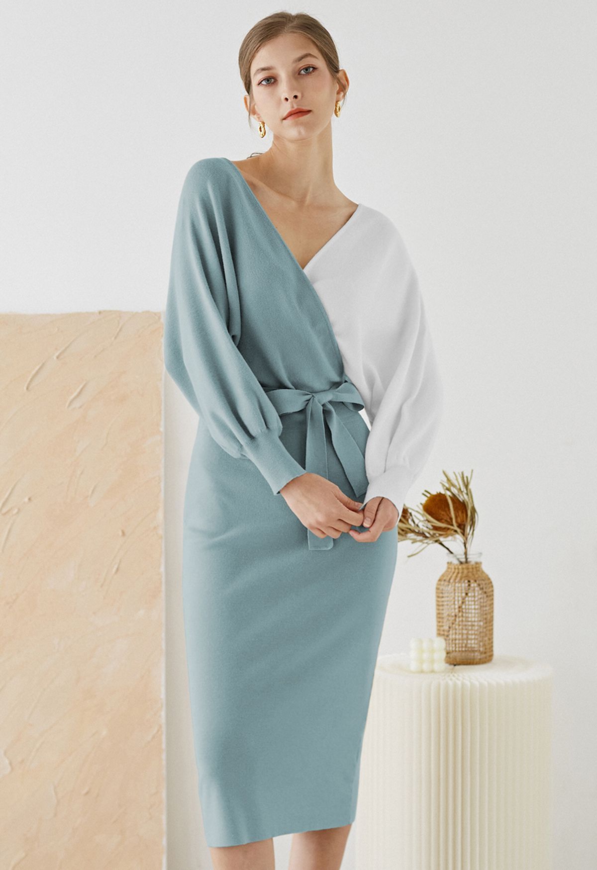 Tie Bow Two-Tone Knit Wrap Midi Dress in Teal | Chicwish