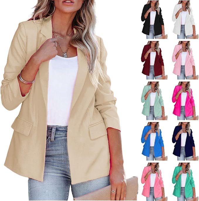 Women's Ruched 3/4 Sleeve Blazers Open Front Cardigan Jacket Lightweight Slim Fit Suits Jacket fo... | Amazon (US)