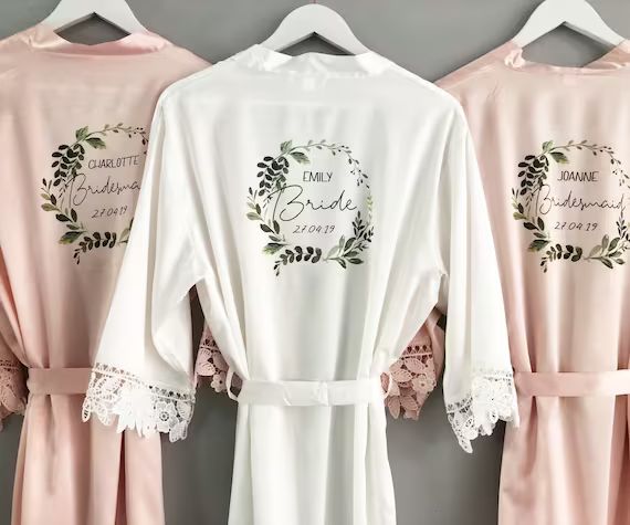 Personalised Bridal robe, Wedding Dressing Gown, wreath foliage floral Bridal robes, Robes, Satin... | Etsy (US)