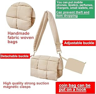 NAARIIAN puffer woven shoulder bag padded cassette handbag with coins organizer nylon light weigh... | Amazon (US)