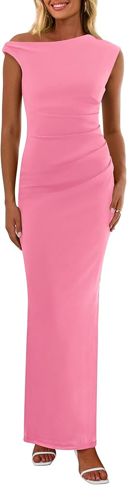 PRETTYGARDEN Women's 2025 Summer Formal Maxi Dresses Sleeveless One Shoulder Bodycon Ruched Mesh ... | Amazon (US)