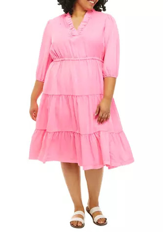 Plus Size 3/4 Blouson Sleeve Tiered Midi Dress | Belk