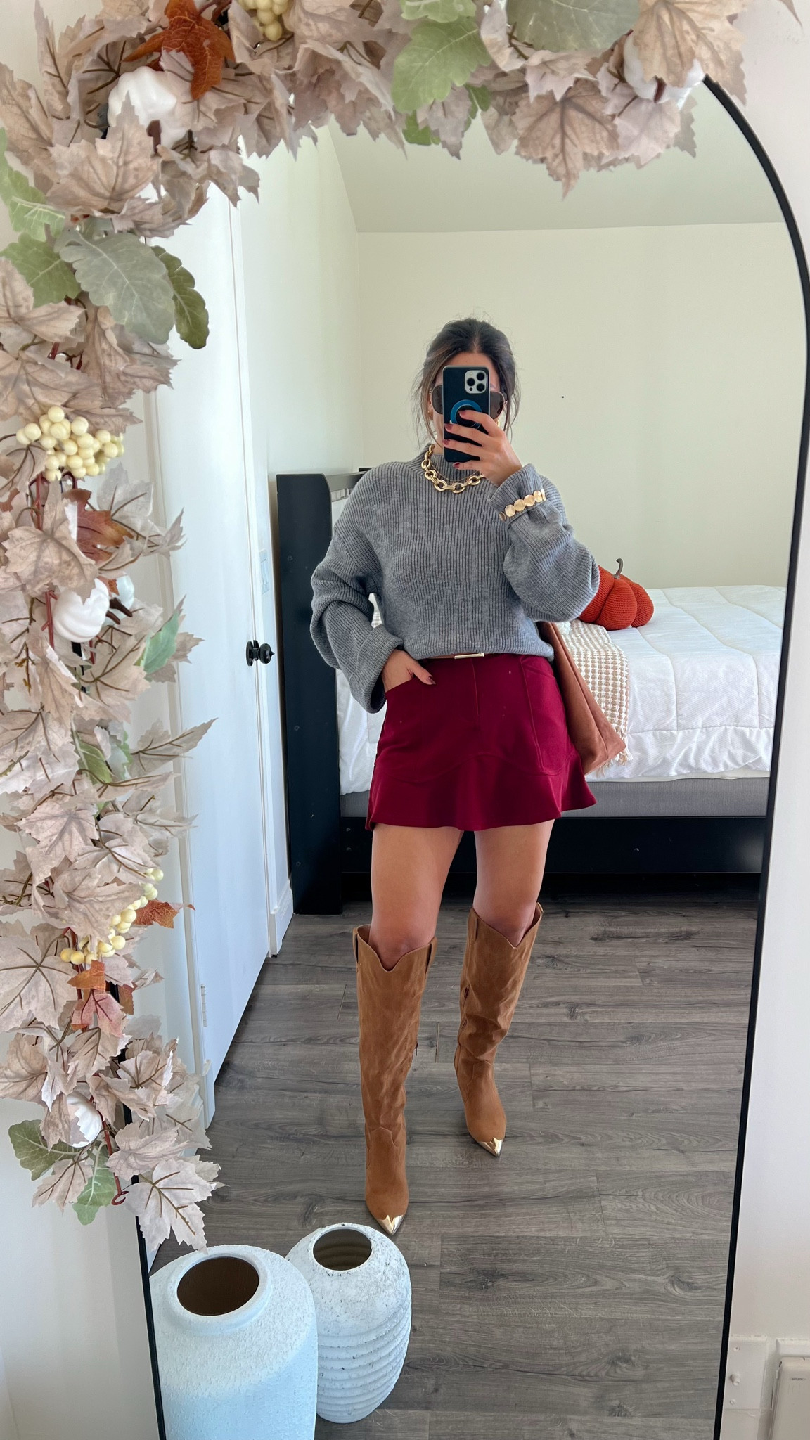 Casual chic Thanksgiving outfit idea. Loving the gray and burgundy combo wearing small in the skirt.

#LTKFindsUnder50 #LTKStyleTip #LTKSeasonal