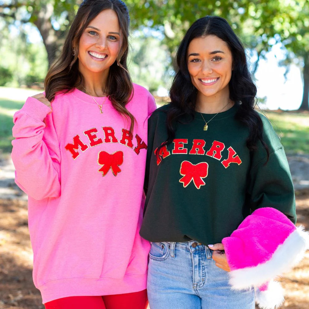 ‘MERRY’ Chenille Patch Bow Sweatshirt | United Monograms