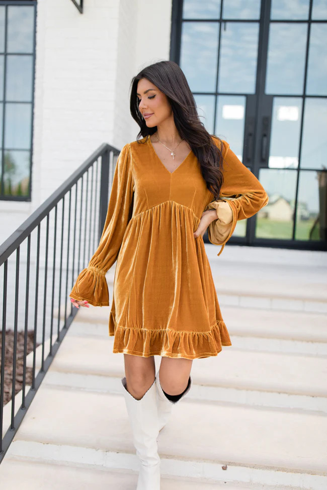 Spend Your Day Gold Babydoll Style Velvet Dress | Pink Lily