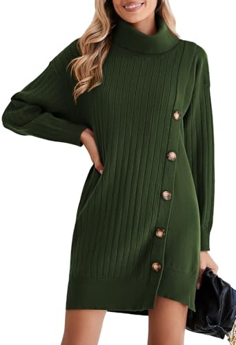 Pink Queen Women's Comfy Church Dresses Outfit Oversized Long Sleeve Sweater Dress Turtle Neck Loose Fit Ribbed Knit Spring Fall Clothes Army Green S | Amazon (US)