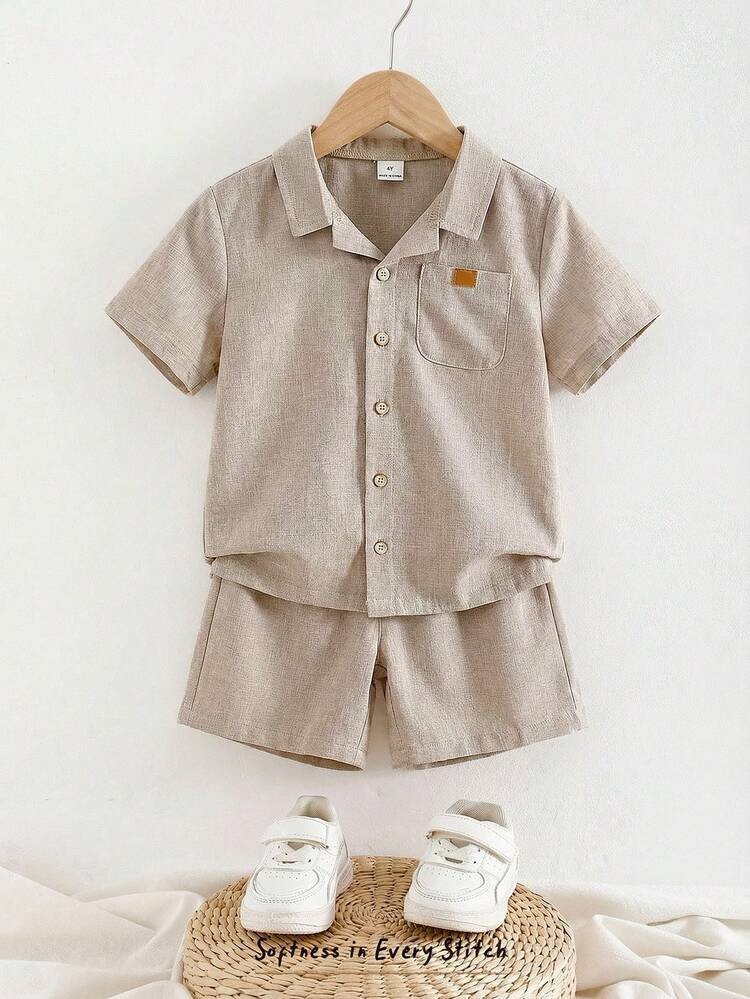 Cozy Pixies Set de 2 piezas de ni\u00f1o peque\u00f1o con camisa polo de manga corta de unicolor y pantalones cortos de cintura el\u00e1stica | SHEIN | SHEIN