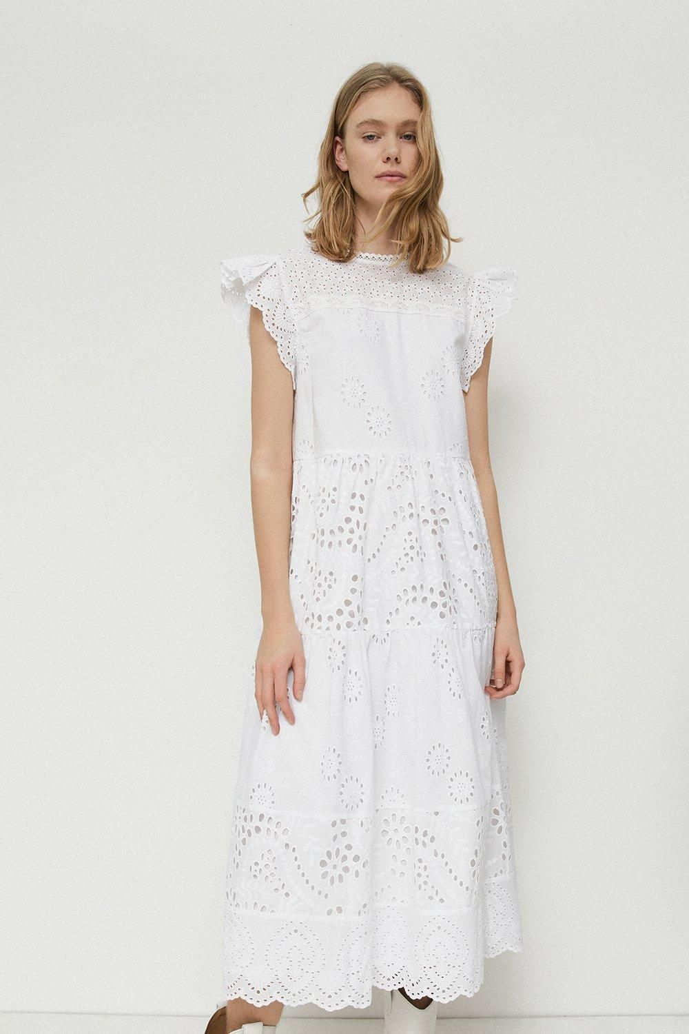 Broderie Mix Tiered Midi Dress | Warehouse UK & IE